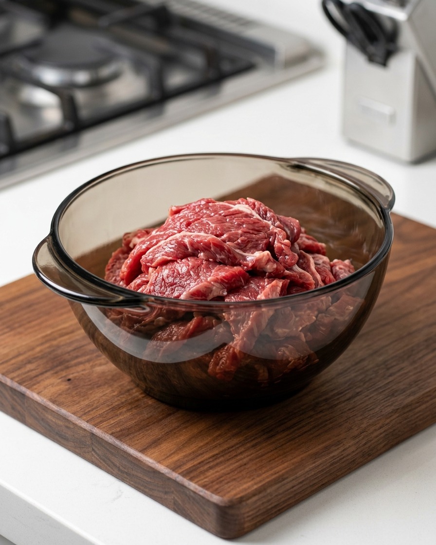 牛肉と片栗粉の入ったボウルに水を注いでいる様子。