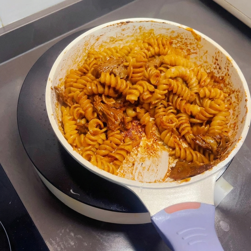 ヘラを使って、完成した牛肉の炒めパスタをフライパンで混ぜ合わせている様子。