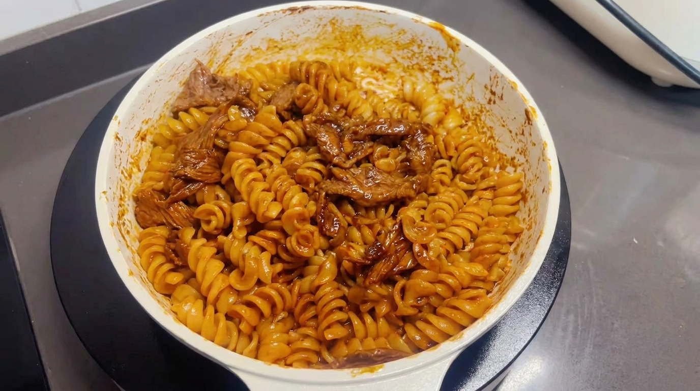 牛肉とフジッリの簡単炒めパスタ