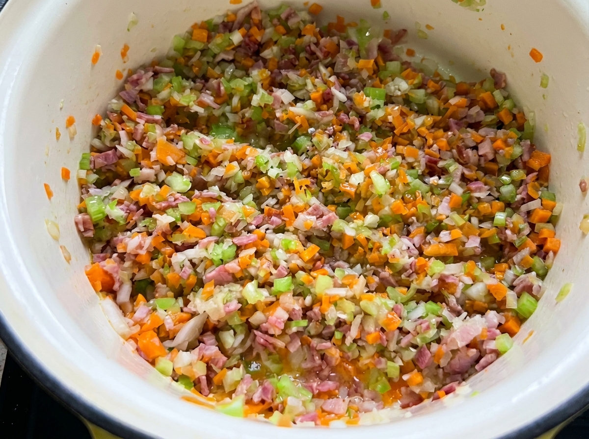 鍋の中で炒められた香味野菜とひき肉を、木べらで混ぜている様子。