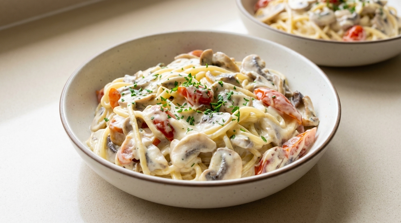 クリーミーキノコとトマトのパスタ