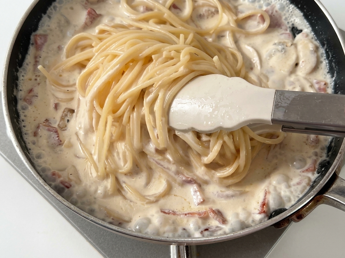 クリームソースの入ったフライパンに茹でたパスタを投入する様子。
