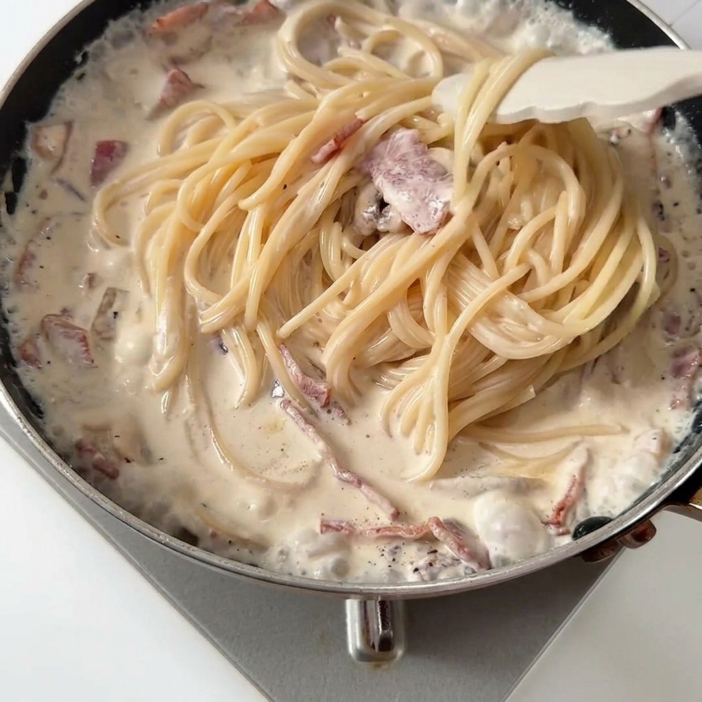 トングでパスタを混ぜてソースを絡めている様子。