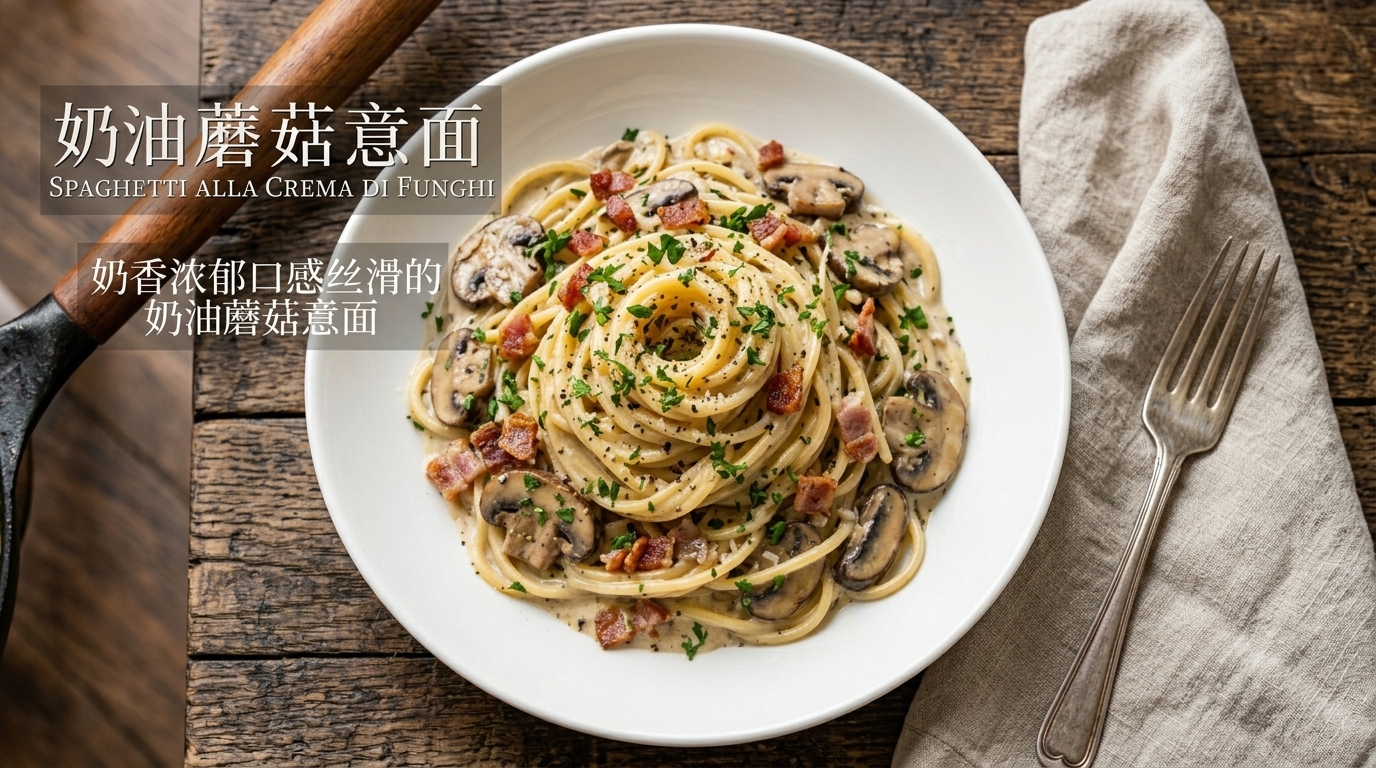 スライスしたキノコとカリカリのベーコンをトッピングした、クリーミーマッシュルームパスタの一皿。