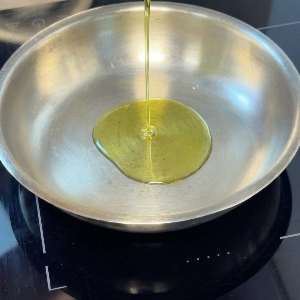 フライパンでオリーブオイルを使って刻んだにんにくと玉ねぎを炒めている様子。