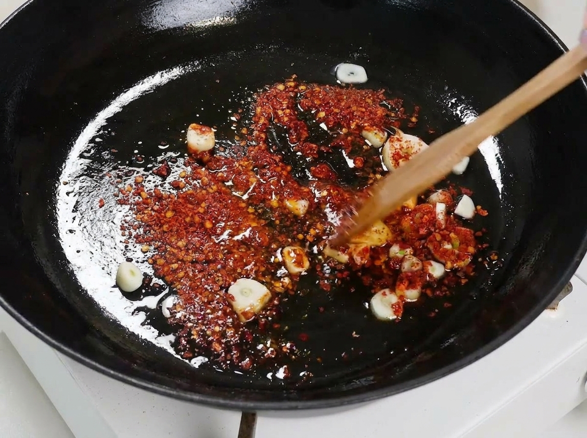 フライパンに置いた乾麺のスパゲッティを、木のヘラで優しく押し付けている様子。