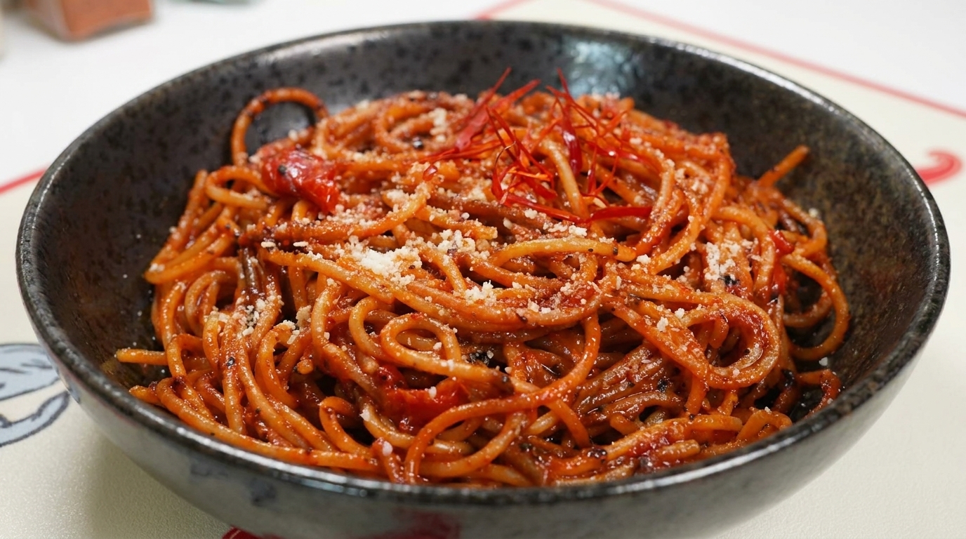 カリッと香ばしく焼き上げ、チーズとチリをトッピングしたスパイシーなアサシンパスタ。
