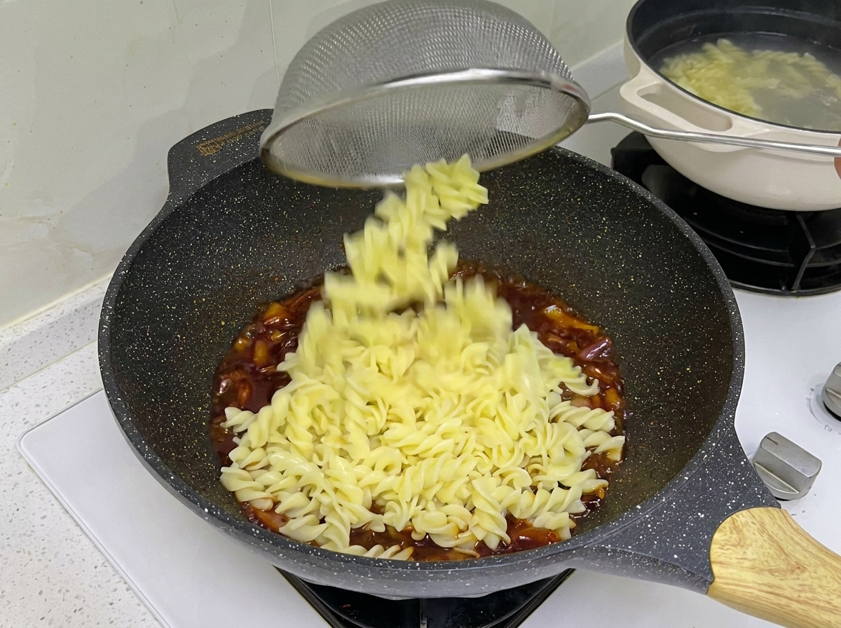 茹で上がったロティーニをザルですくい、ソースの入った中華鍋へ移す様子。