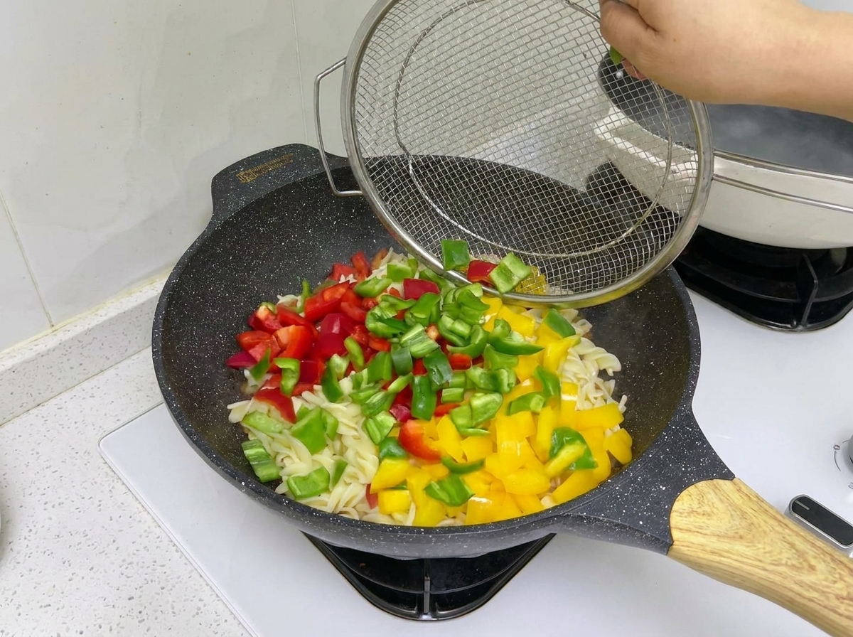 茹でたパスタ、牛肉、ソースが入った中華鍋にパプリカを加える様子。