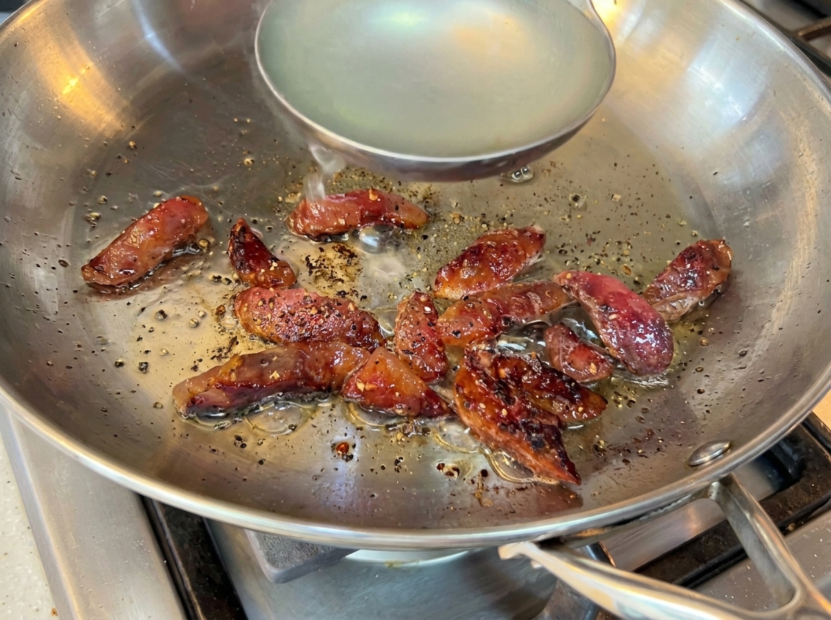 炒めた肉にパスタのゆで汁が加えられている様子