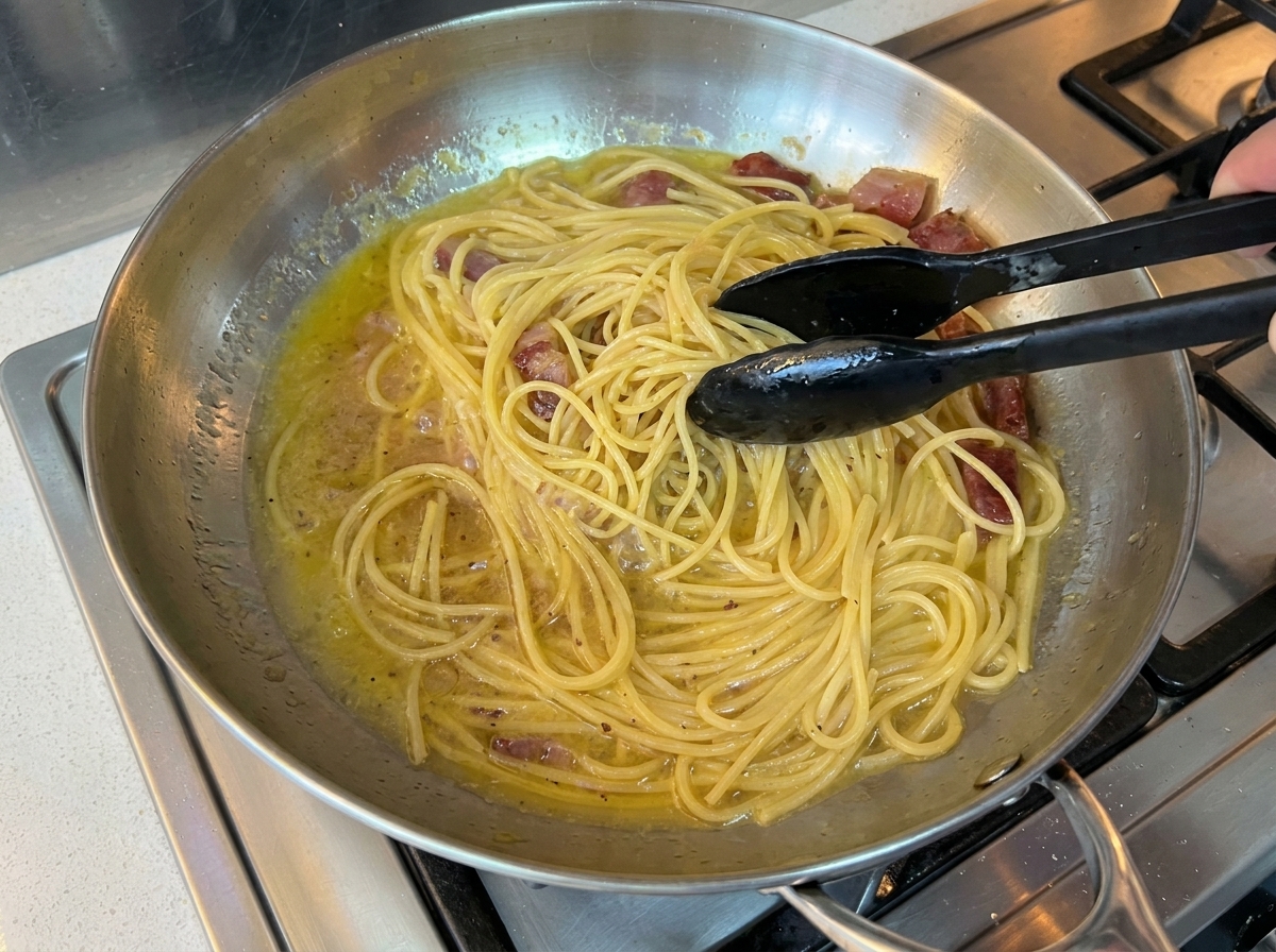 フライパンの中で肉とゆで汁と絡められるスパゲッティ