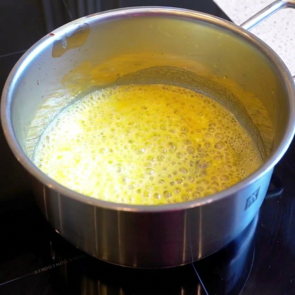 鍋でルーに生クリームと牛乳を少しずつ加え、泡立て器で混ぜている様子。