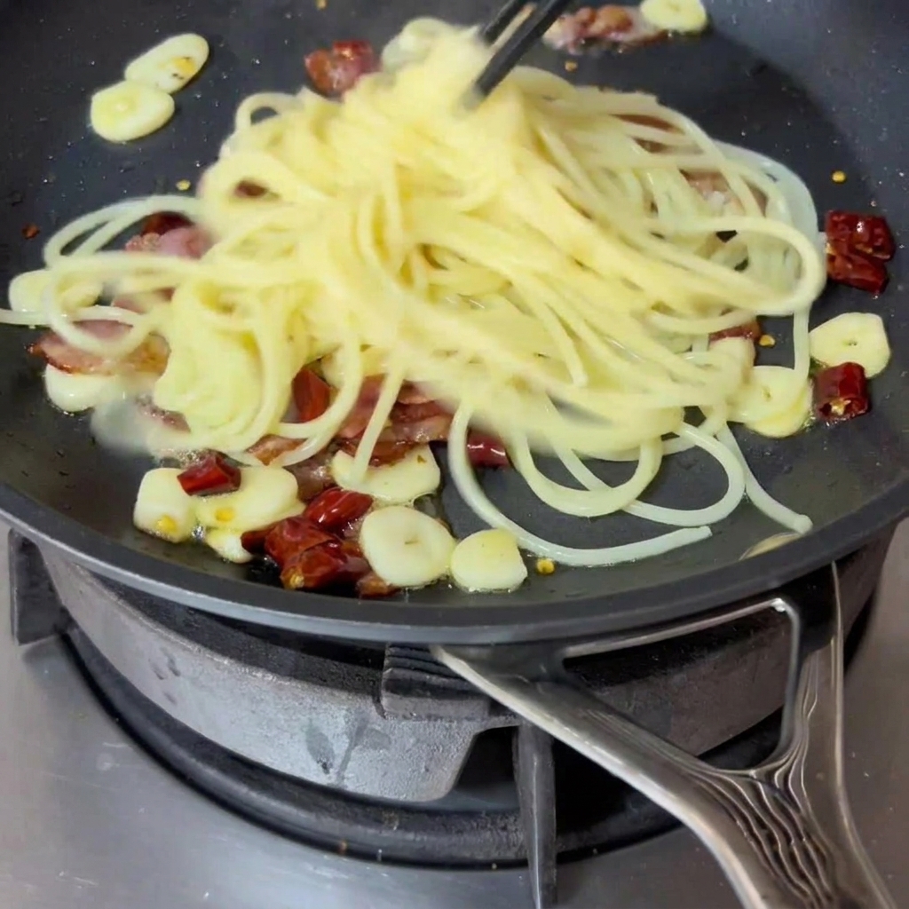 茹で上がった麺を鍋からフライパンへ移している様子。