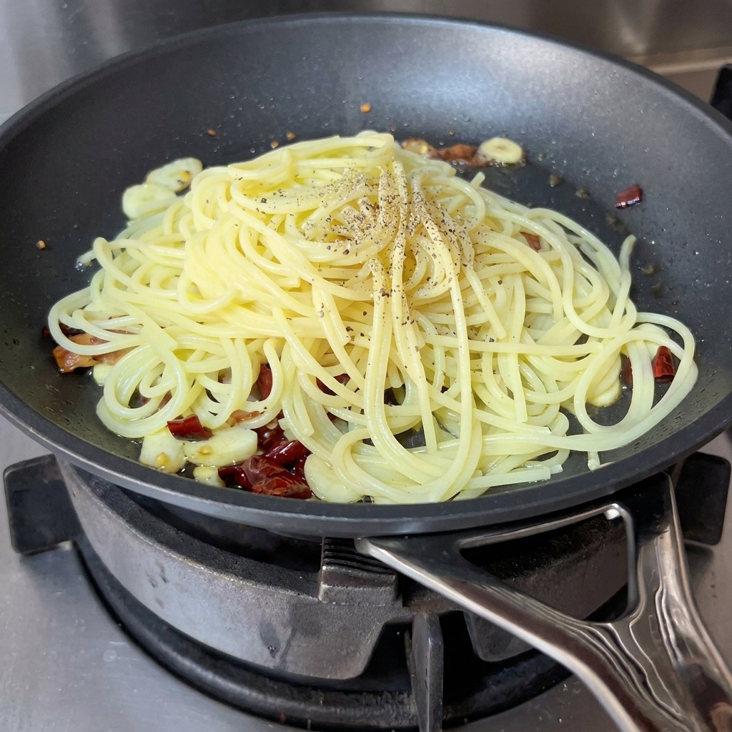 ペッパーミルで黒胡椒をパスタに振りかけている様子。