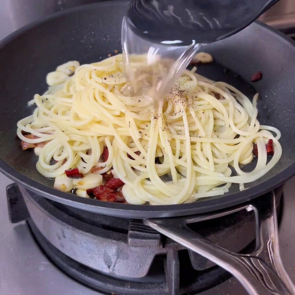 お玉で茹で汁をパスタにかけている様子。