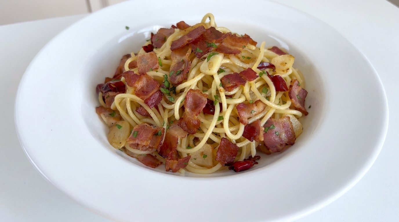究極のペペロンチーノ：カリカリベーコンとニンニクのスパゲッティ