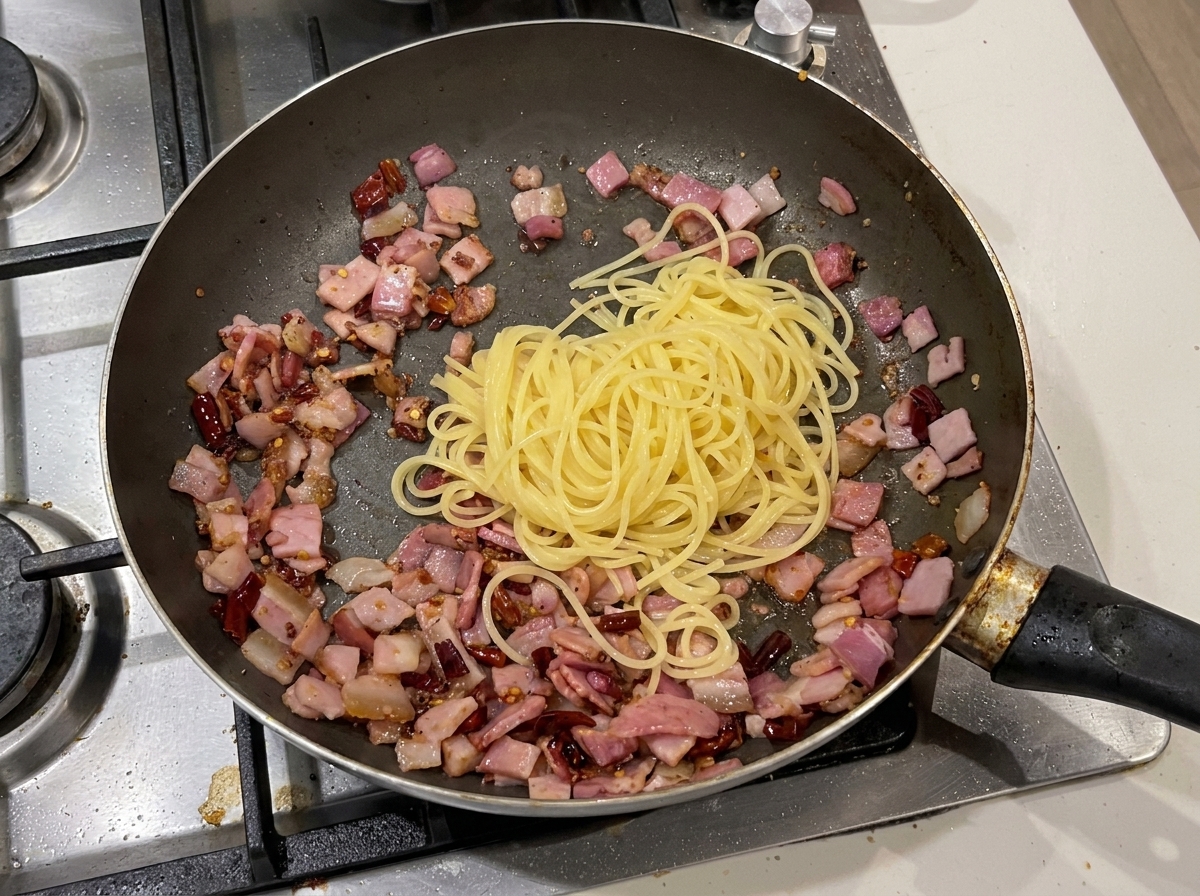 フライパンで麺とソースを豪快に混ぜ合わせている様子。