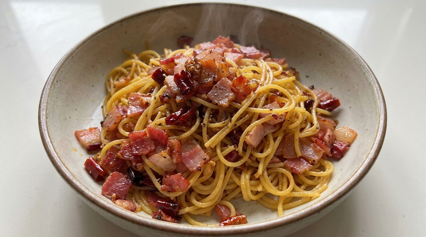 カリカリのベーコン、香ばしいニンニク、唐辛子がたっぷり絡まったパスタ。