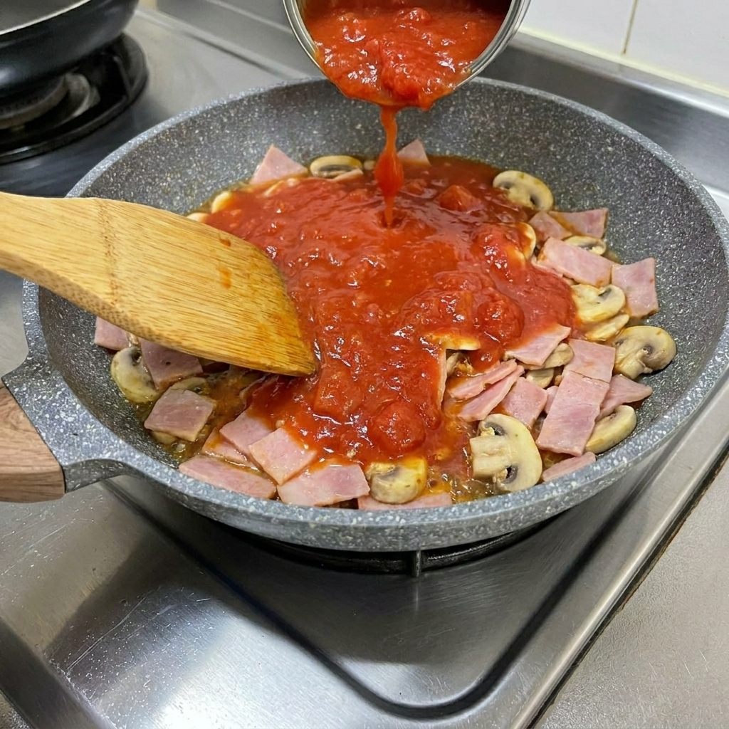 ベーコンとにんにくが入ったフライパンにトマト缶を加える様子
