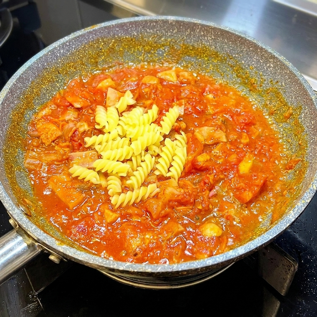 茹で上がったフジッリをトマトソースに投入する様子