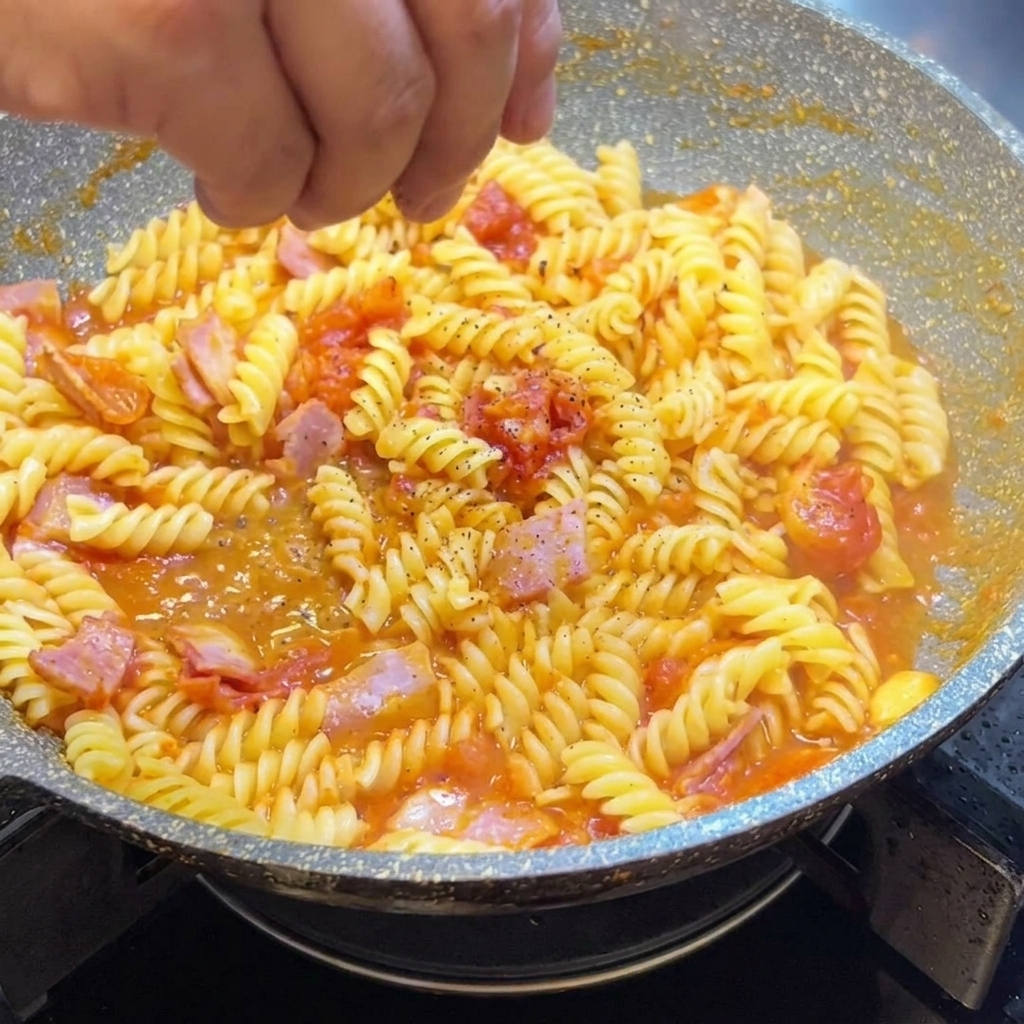フライパンの中のパスタに黒こしょうを振りかける様子