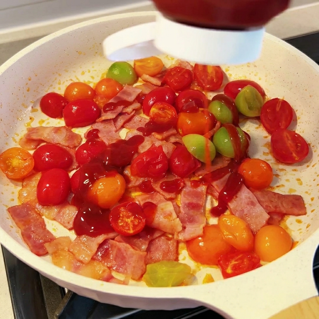 フライパンの具材にトマトソースをかけている様子。