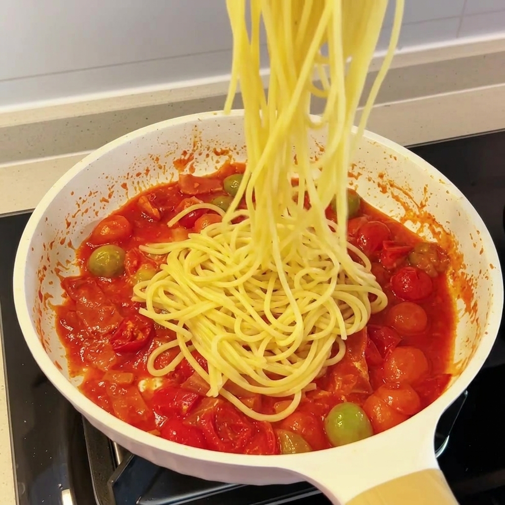 茹で上がったパスタをソースに入れて和えている様子。