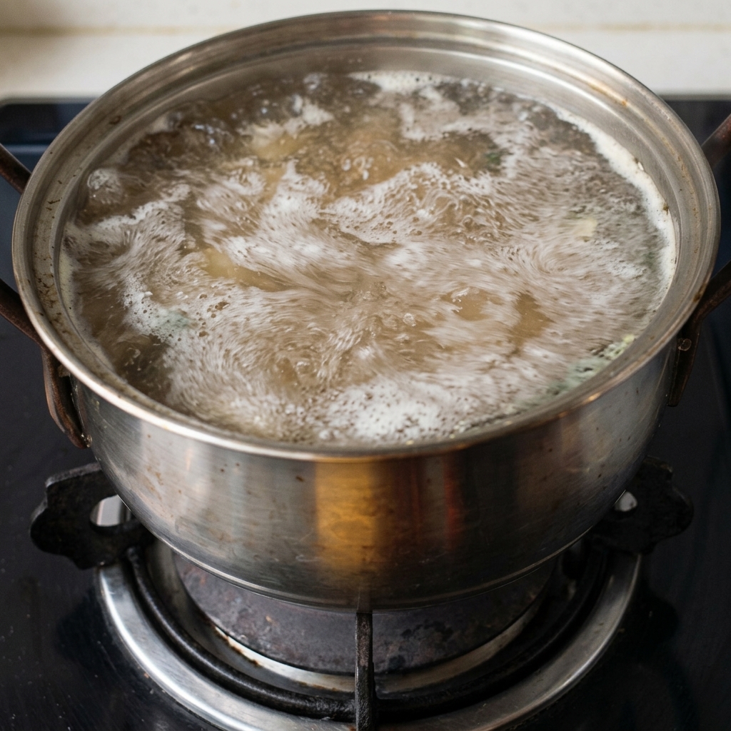コンロの上の大きなステンレス鍋で、香味野菜が入ったお湯が沸騰している様子。