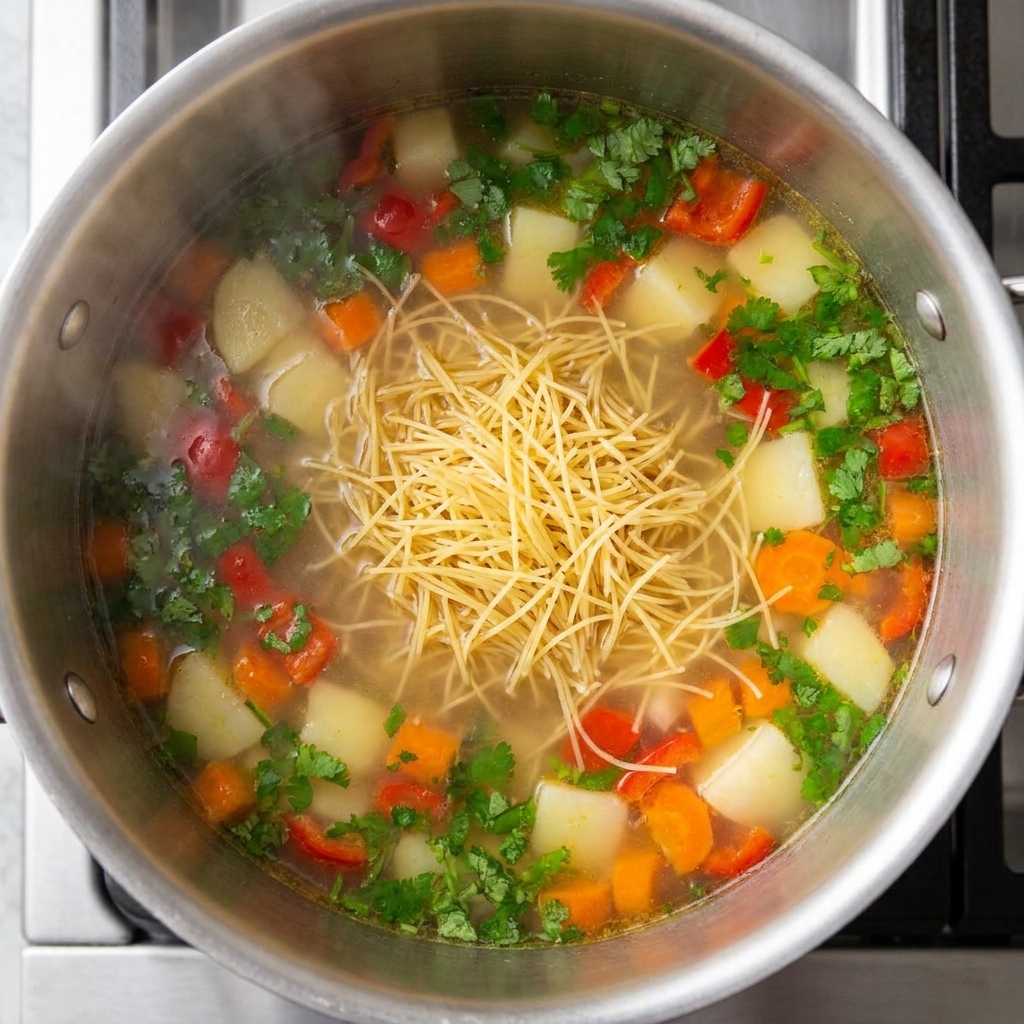 鍋の中でラーメンの麺が茹でられている様子。