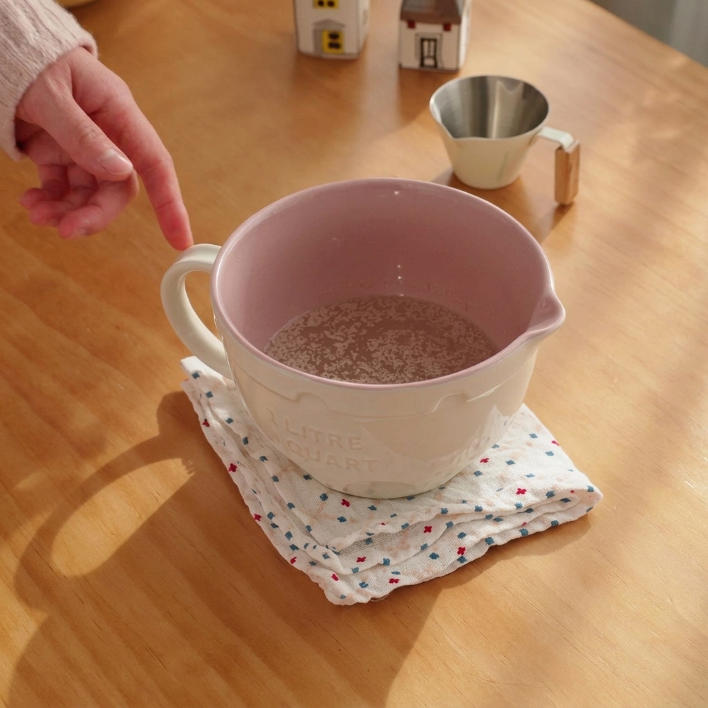 ピンクのボウルでぬるま湯にイーストと砂糖を溶かしている様子。
