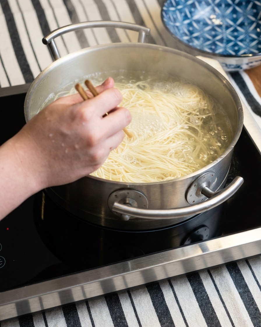 お玉を使って、沸騰した豚骨スープに味噌を溶かし入れている様子。