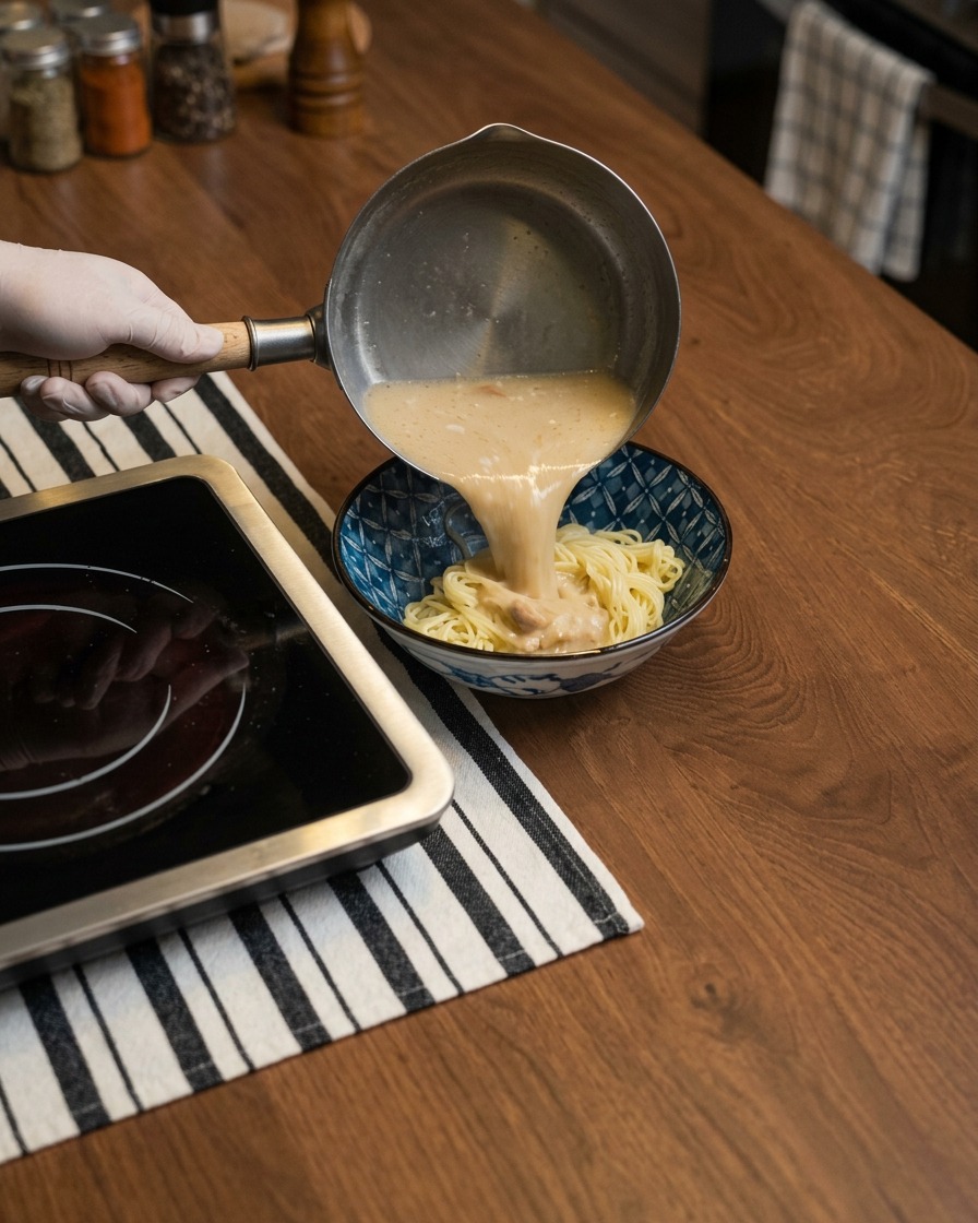 鍋でラーメンの麺を茹でている様子。