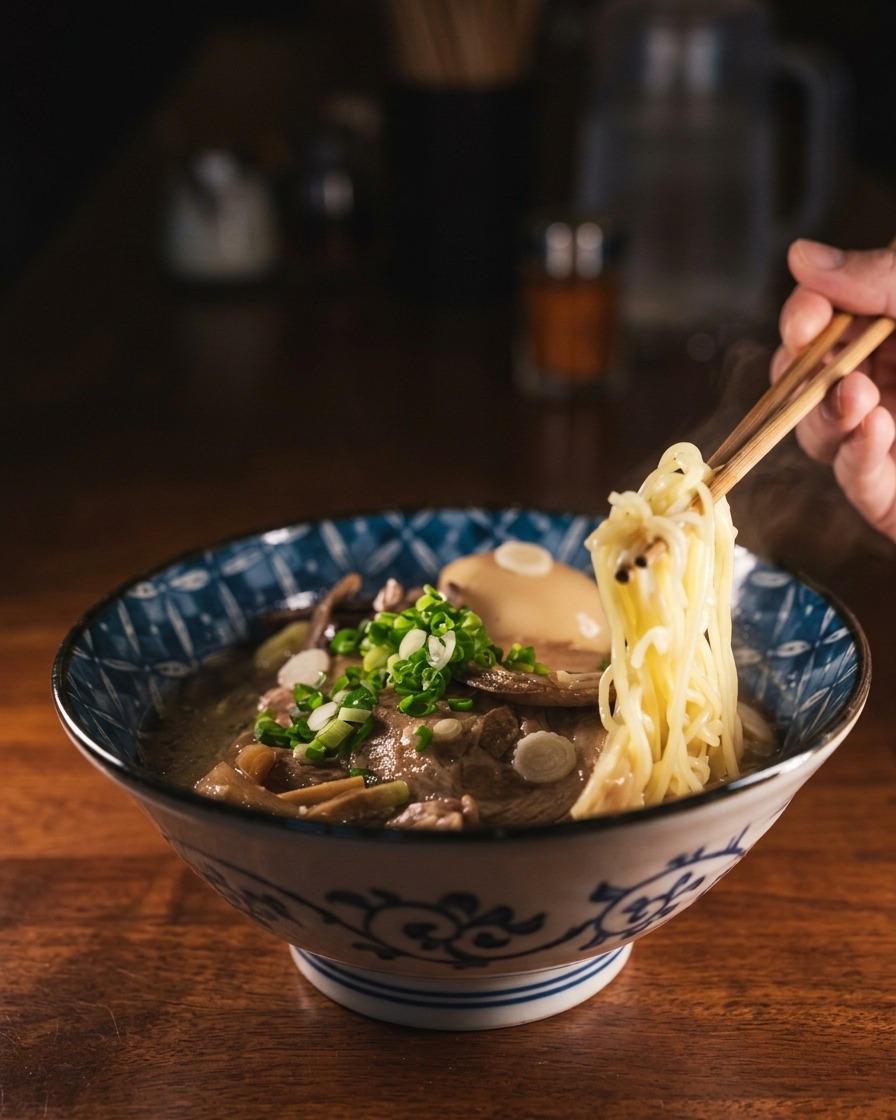 どんぶりに入った茹でた麺に、熱々の味噌スープを注いでいる様子。
