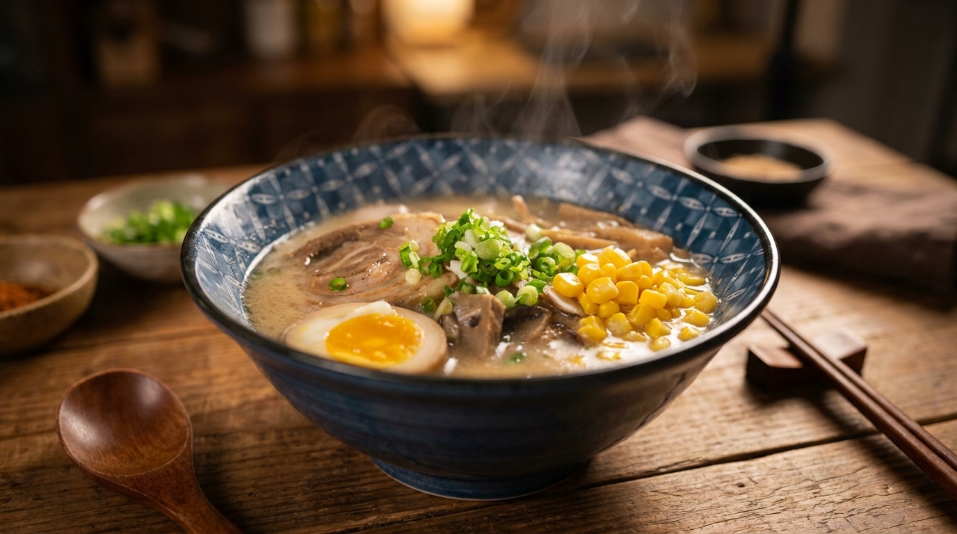 チャーシュー、煮卵、コーン、ネギをトッピングした、湯気の立つ味噌ラーメン。