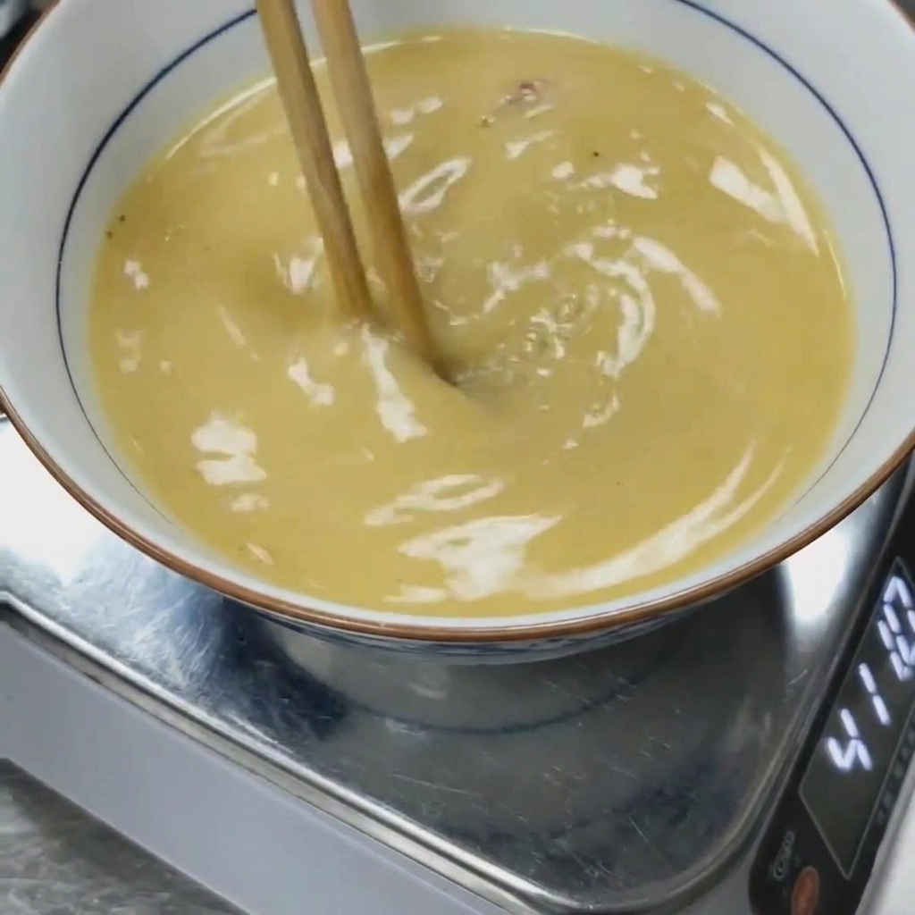 熱い豚骨スープの中に味噌を箸で溶かし込んでいる様子。