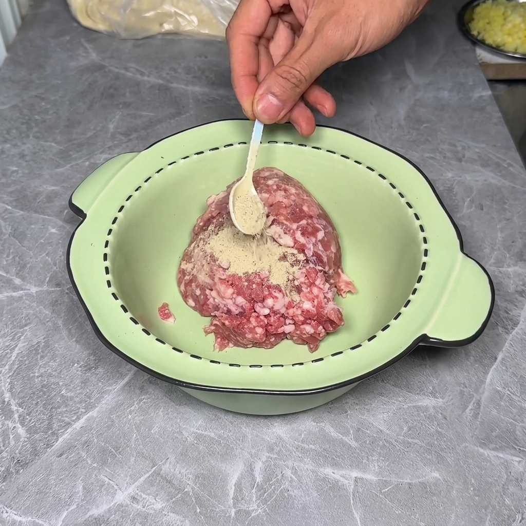 ボウルに入ったひき肉に調味料を加えている様子。