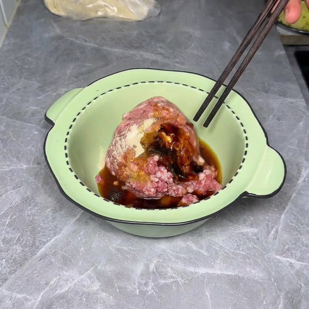 刻んだネギと生姜を肉だねに混ぜている様子。