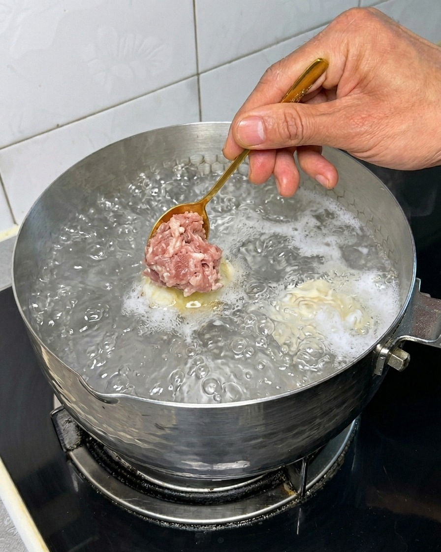 丸めた肉団子が鍋で茹でられている様子。