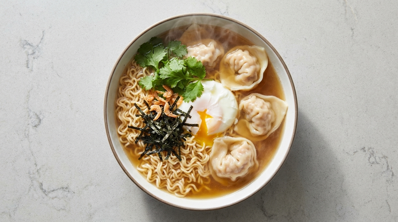 ぷりぷりのワンタン、インスタント麺、とろけるポーチドエッグがのった熱々のワンタン麺。
