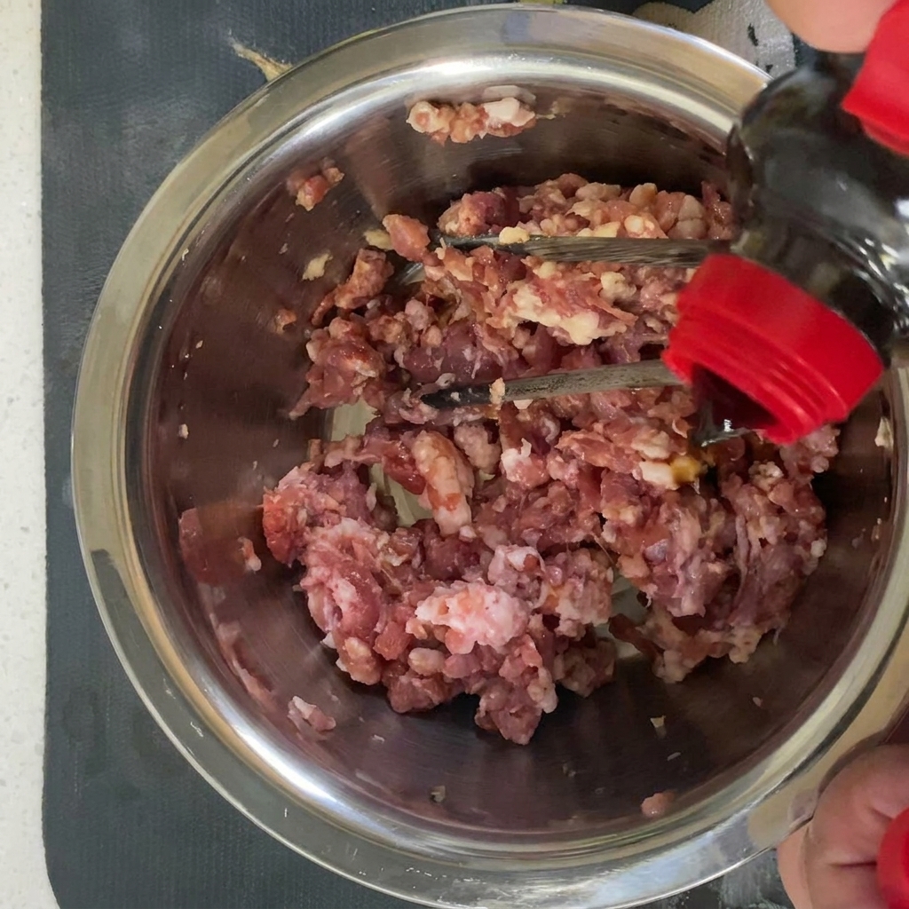 ボウルに入った細挽きの豚肉に調味料やスパイスを加えて味付けしている様子。