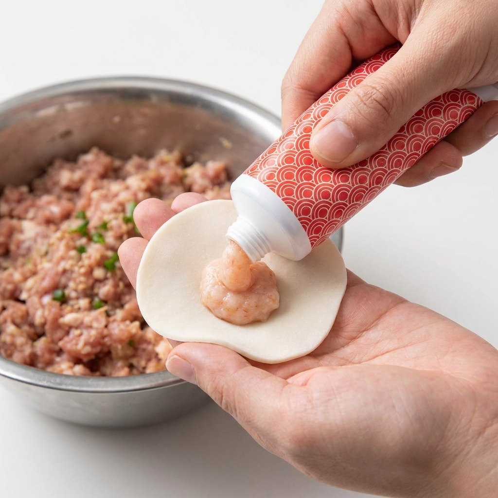 ワンタンの皮の中央に、エビのすり身と味付けした豚肉の餡をのせている様子。