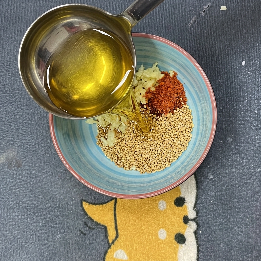 香味野菜の入ったボウルに熱した油を注ぎ、香り高いラー油を作っている様子。