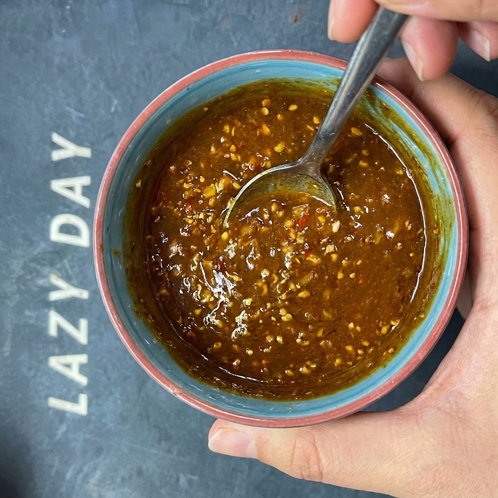ラー油のボウルにごまペーストを混ぜ入れ、麺のタレを完成させている様子。