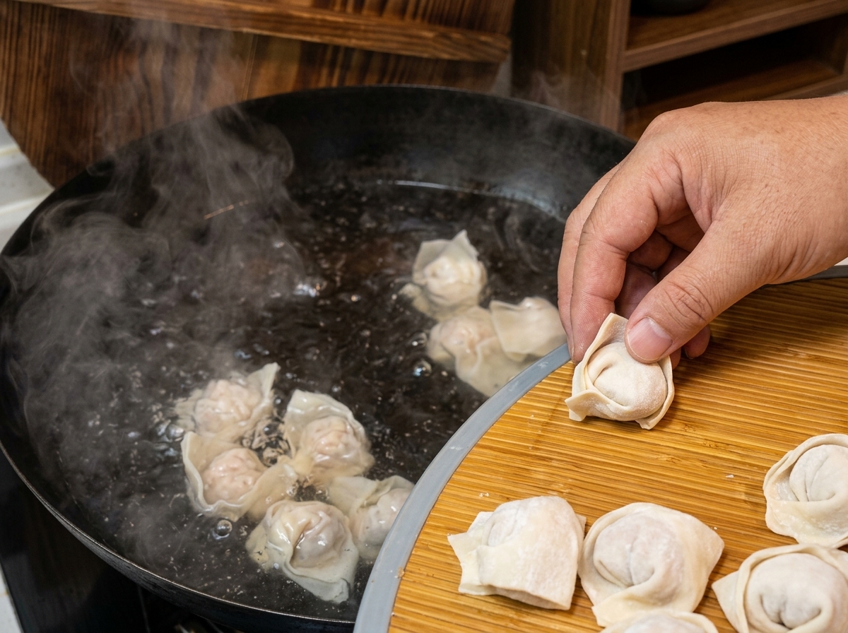 包みたてのワンタンを竹ざるから沸騰したお湯の中にそっと落とし入れている様子。