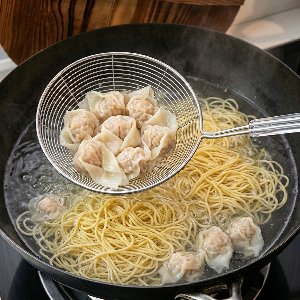 網じゃくしを使って、少し透明になった茹でたての豚肉とエビのワンタンを熱湯からすくい上げている様子。