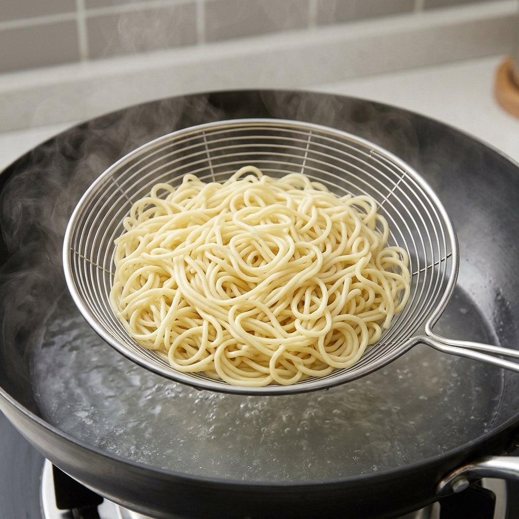 網じゃくしを使って、茹で上がった黄色い卵麺を熱湯からすくい出している様子。