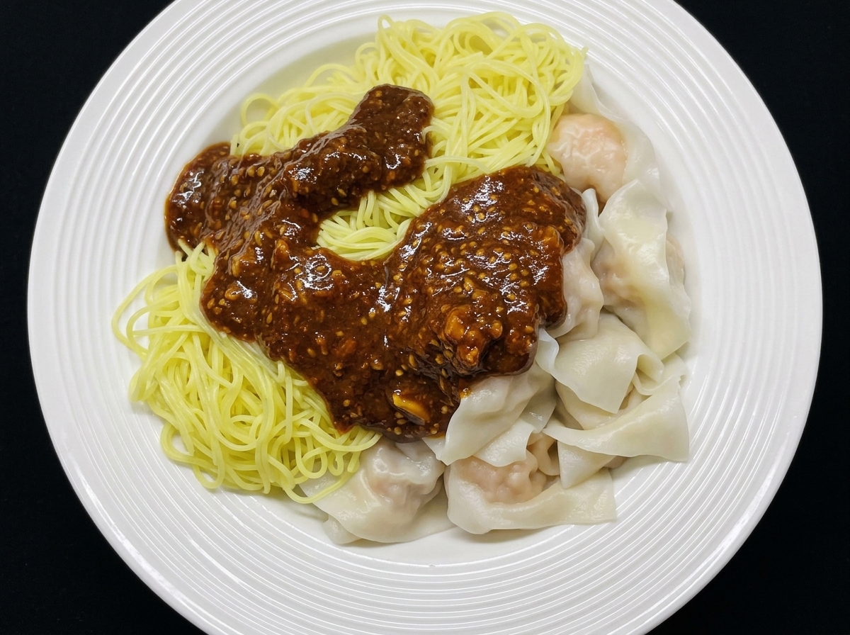 茹でたてのワンタンと麺の盛り合わせに、ごま唐辛子ダレをスプーンでかけているクローズアップ。