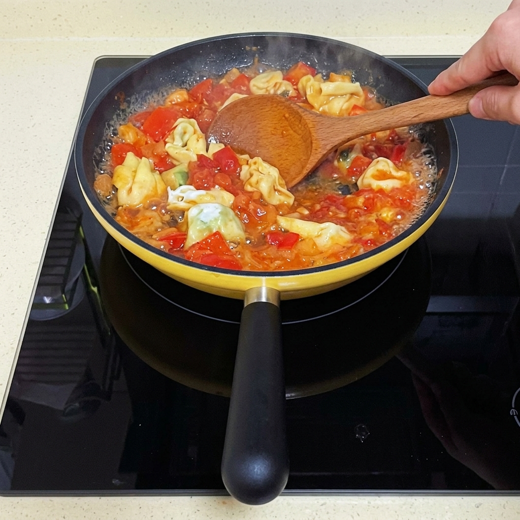 スープに麺を投入している様子