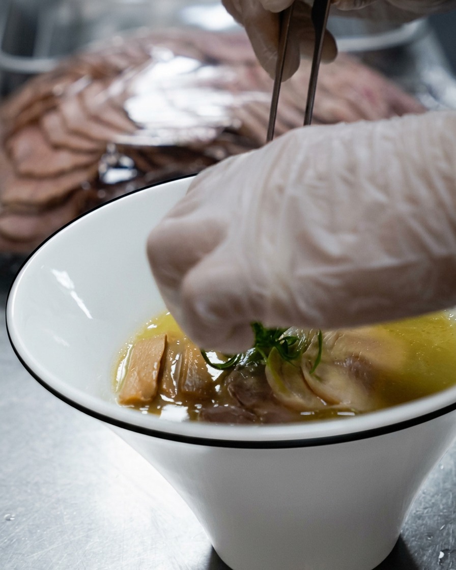 完成したラーメンの上に、刻みたての青ネギをたっぷりと散らしている様子。