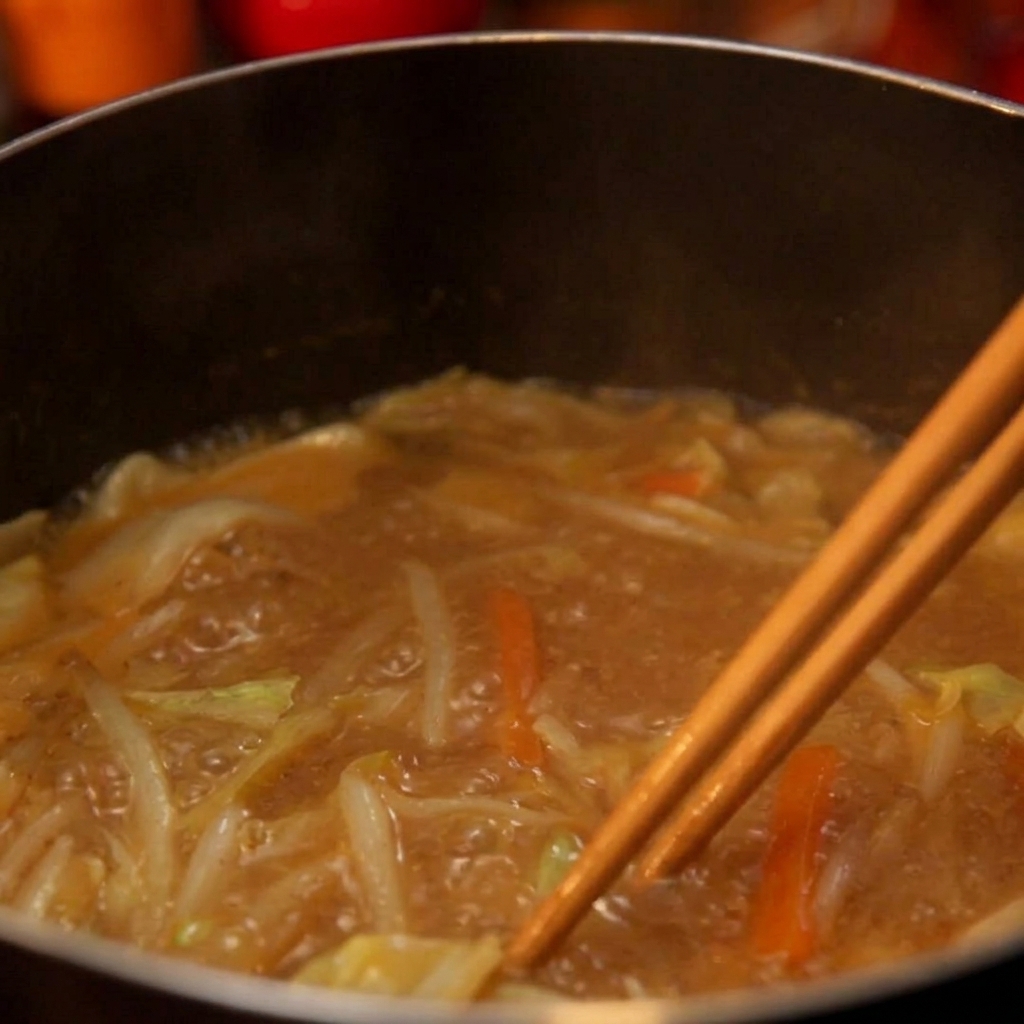 丼ぶりにお湯を注ぎ、味噌とバターを溶かし合わせている様子。